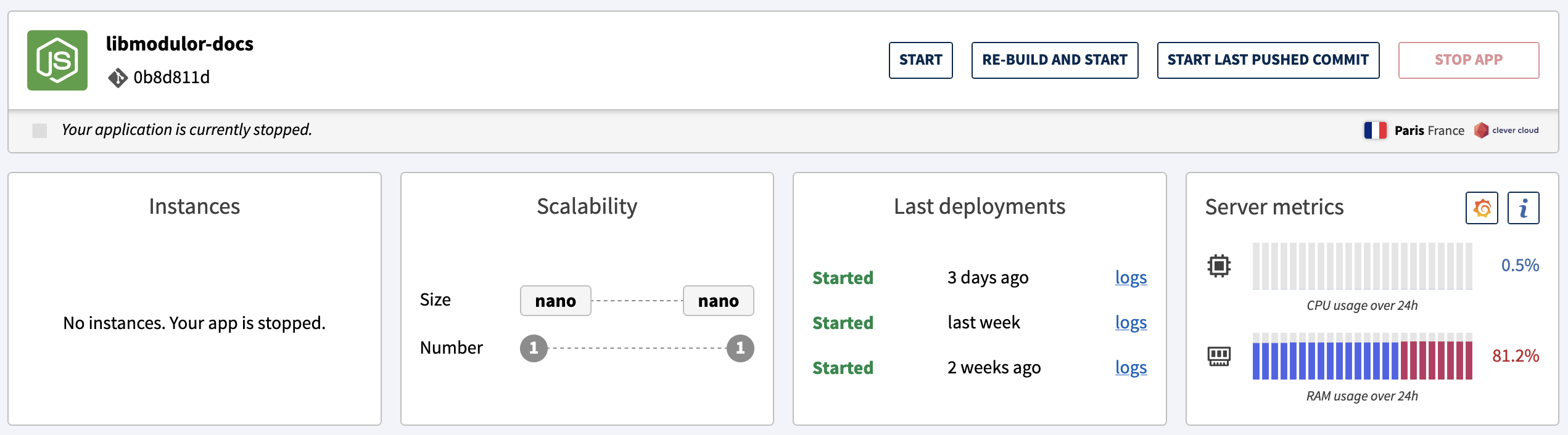 libmodulor on Clever Cloud dashboard